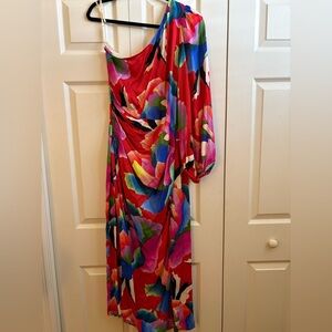 Anthropologie Red Multi-Color One-Shoulder Draped Maxi Dress